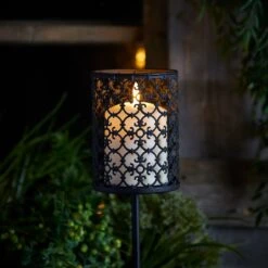 Meknes Candle Garden Stake Light -Holiday Decor Shop CA21002 Black Metal Candle Stake TruGlow Candle Illuminated Garden Night Close