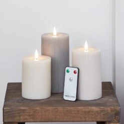 TruGlow® Grey Ribbed LED Pillar Candle Trio With Remote Control