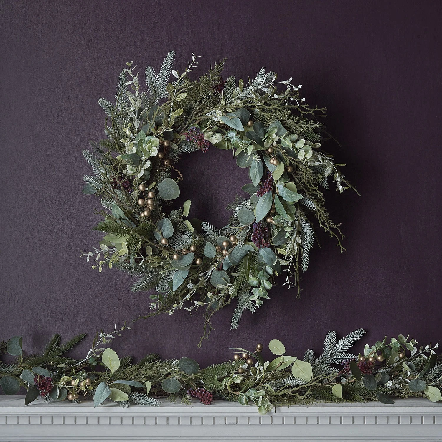 Eucalyptus, Pine & Gold Berry Christmas Wreath And Garland 2 Eucalyptus, Pine & Gold Berry Christmas Wreath And Garland - Image 2