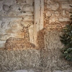Studley Rattan Resting Doe & Fawn Light Up Reindeer 24v -Holiday Decor Shop D XX220910 Studley Rattan Laying Doe Fawn Light Up Reindeer