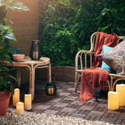 Rattan Solar Lantern Duo -Holiday Decor Shop SB 701 Round and tall Rattan Solar Lanterns Bench P3