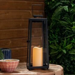 Porto Large Solar Garden Lantern -Holiday Decor Shop SL17004 Black Outdoor Solar Candle Lantern Iberian Summer Table P1