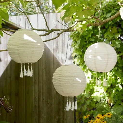 3 Lucena Cream Tassel Solar Lanterns -Holiday Decor Shop SL19020 3 Cream Tassel Lanterns New P1