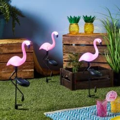 3 Flamingo Solar Stake Lights 7 3 Flamingo Solar Stake Lights -Holiday Decor Shop SL20024 SL20027 3 solar flamingo stakes lights pineapple glass jar garden p3