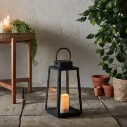 Eliza Trapeze Black Solar Lantern With Ivory Candle