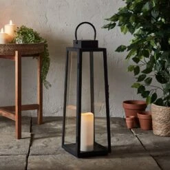 Eliza Large Trapeze Black Solar Lantern With White Candle