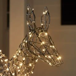 Set Of 3 Regular Harlow Rattan Dual Colour LED Light Up Reindeer Family -Holiday Decor Shop XX2103 Harlow Rattan Doe And Fawn Reindeer Doe Warm White