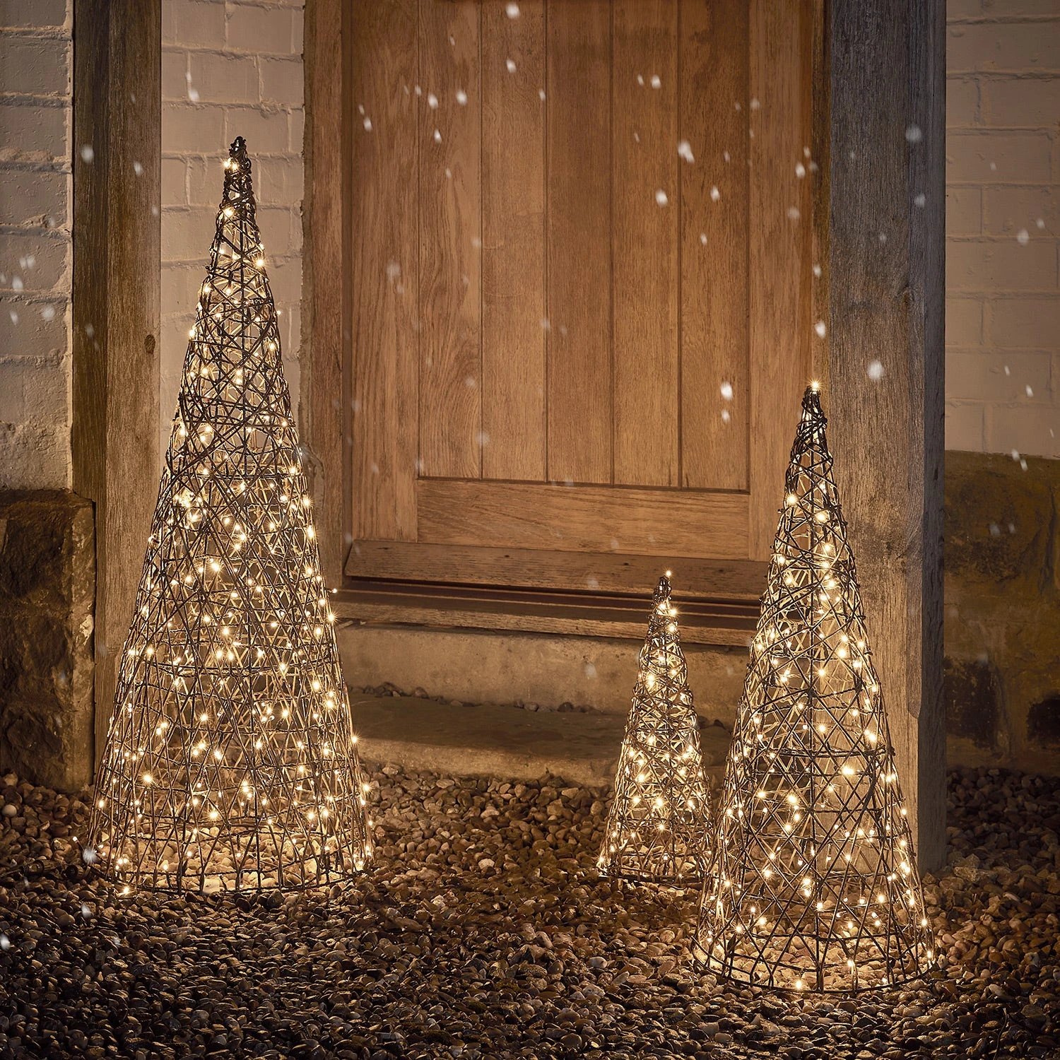 Studley Rattan Cone Outdoor Christmas Decoration Trio 1 Studley Rattan Cone Outdoor Christmas Decoration Trio